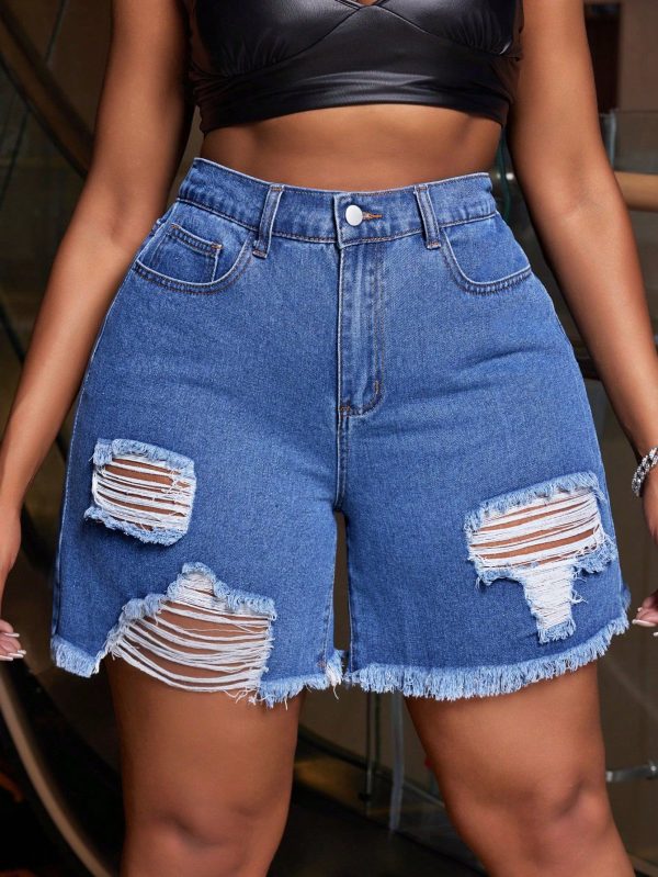 Plus Size Women's Distressed Denim Shorts With Raw Hem And Pocket, Casual