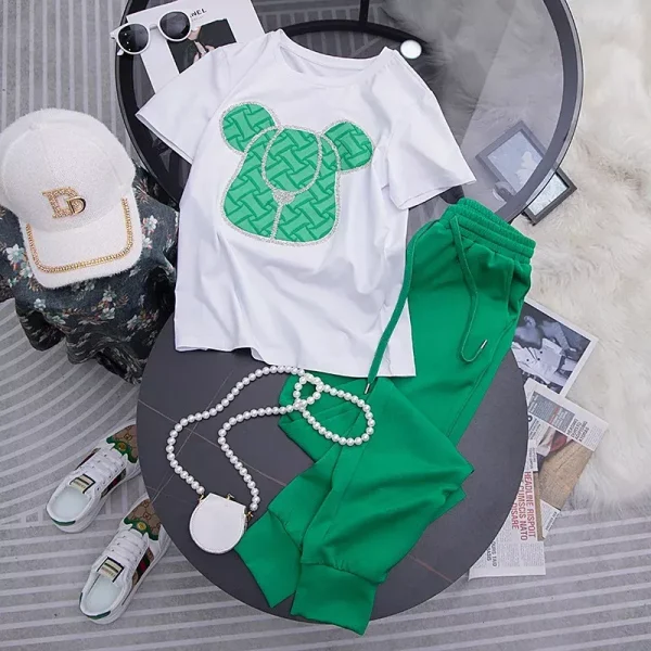 Trendy European Style Women's Loose-Fit Summer Outfit High-End Feel Bear Short Sleeves Two-Piece Set