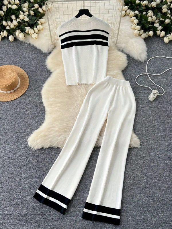 Women's Fashion 2pcs Set - Contrast Color Striped Knit Top And Casual Wide Leg Pants For Summer