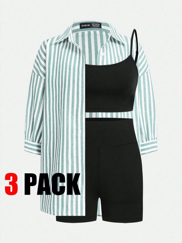 Women Front Button Long Sleeve Jacket, Spaghetti Strap Top And Shorts 2 Pieces Set