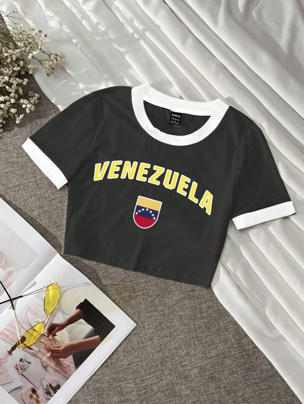 Women's Round Neck Contrast Trim Short Sleeve T-Shirt, Fashion For Summer