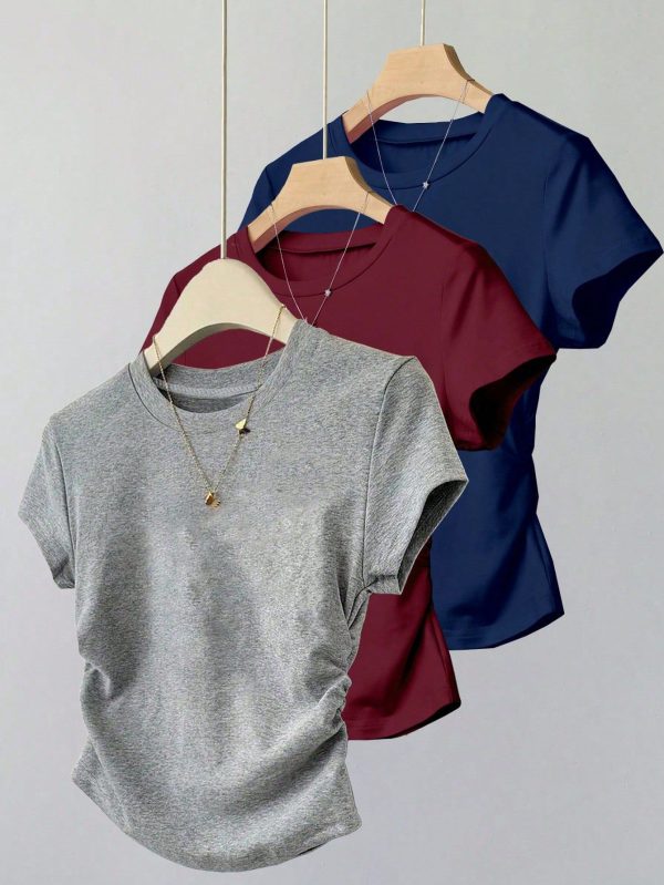 3pcs Women Simple Solid Color Casual Outfit Set, Suitable For Summer, T-Shirt