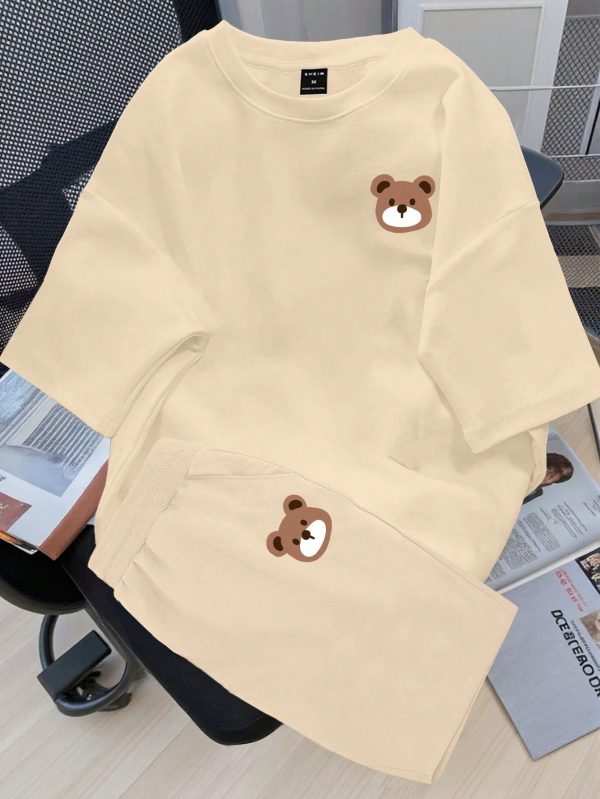Men's Casual Bear Graphic Round Neck Short Sleeve T-Shirt And Shorts Set, Summer