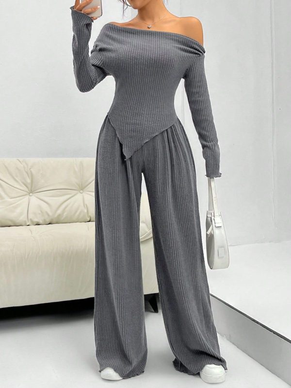 Asymmetric Neck Long Sleeve T-Shirt And Wide Leg Pants Two Piece Set