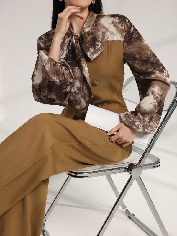 Retro Commuter Style Bowknot Lantern Sleeve Tie-Dye Panel Top With Wide Leg Pants, 2Pcs Set