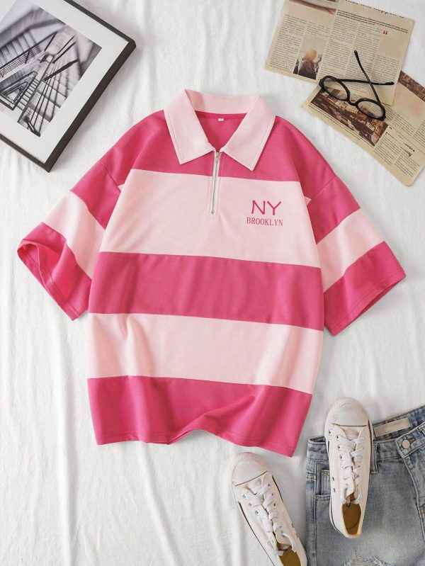 Letter Graphic Colorblock Half Zip Tee Graphic Tees Women Tops