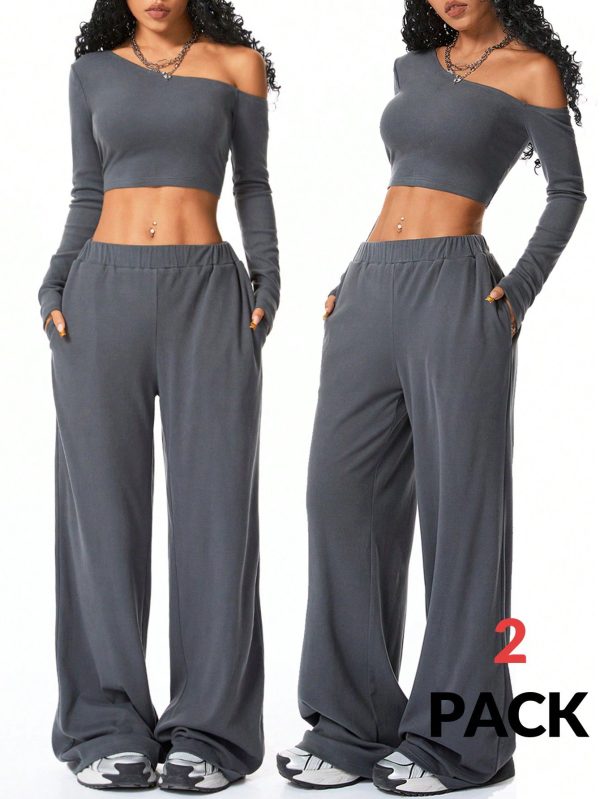Women's Fall Casual Knit Fleece Lined Athletic Bodysuit Long Sleeve Pants Sets Tracksuit