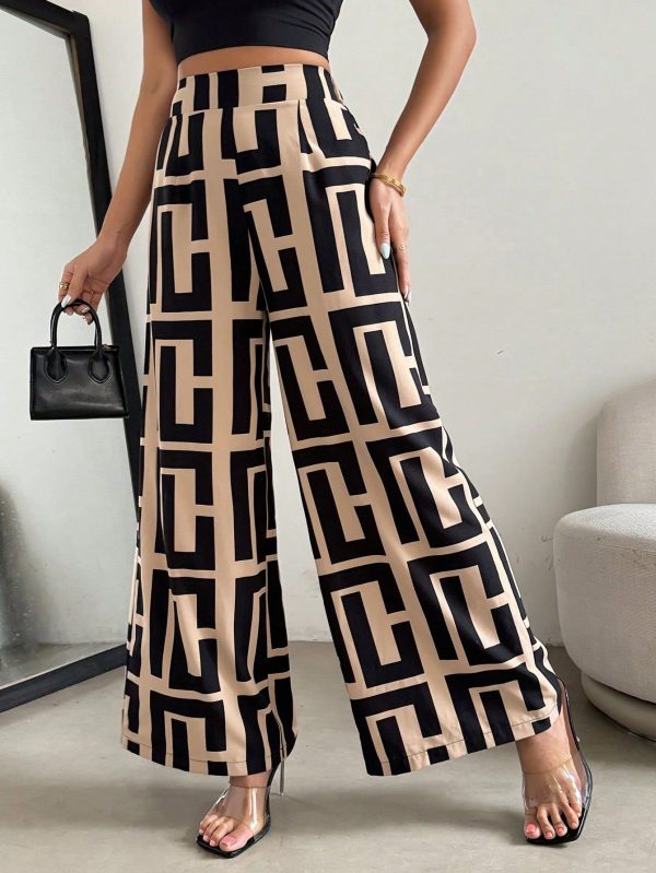 Summer Loose Geometric Patchwork Print Casual Flared Pants For Women, Long Trousers