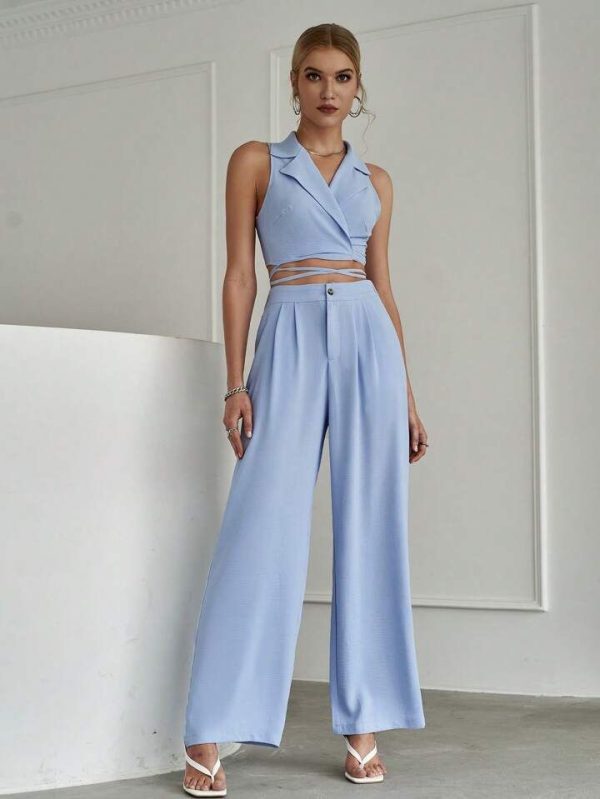 Sollinarry Crisscross Tie Back Crop Top & Wide Leg Pants Set