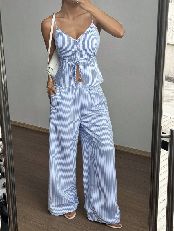 Ladies New Casual Blue Striped Suspenders Elegant Two Pieces Suit/Striped Suspenders Top/Loose Wide-Leg Pants/Women's Summer Suits/Women's Resort Wear/Beach Resort Wear//Bohemian Style Women's Wear