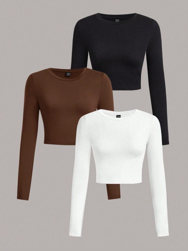 3pcs/Pack Black, White, Brown Casual And Versatile Long Sleeve Tight Fit T-Shirts For Women