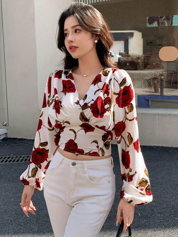 Floral Print Lantern Sleeve Crop Blouse Valentine Valentine's Day