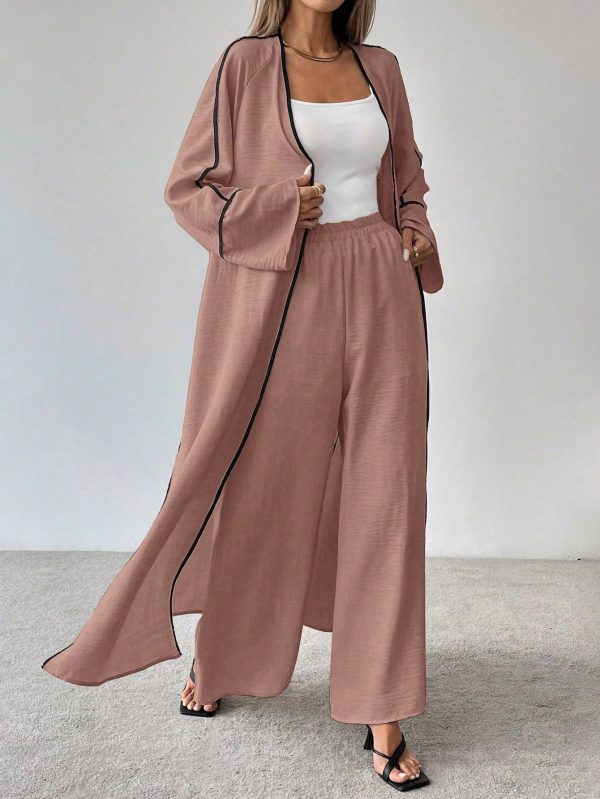 Women's Elegant Fashionable Commuter Casual Two Pieces Set: Loose Long Sleeve Round Neck Color Blocking Cardigan And Wide Leg Solid Color Pants