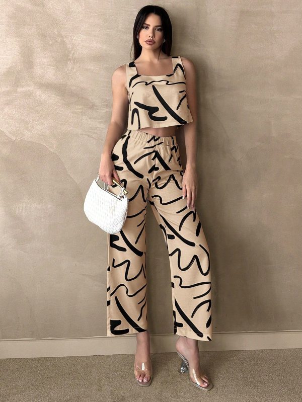 2pcs/Set Women's Casual Line Pattern Square Neck Camisole Top And Pants Set