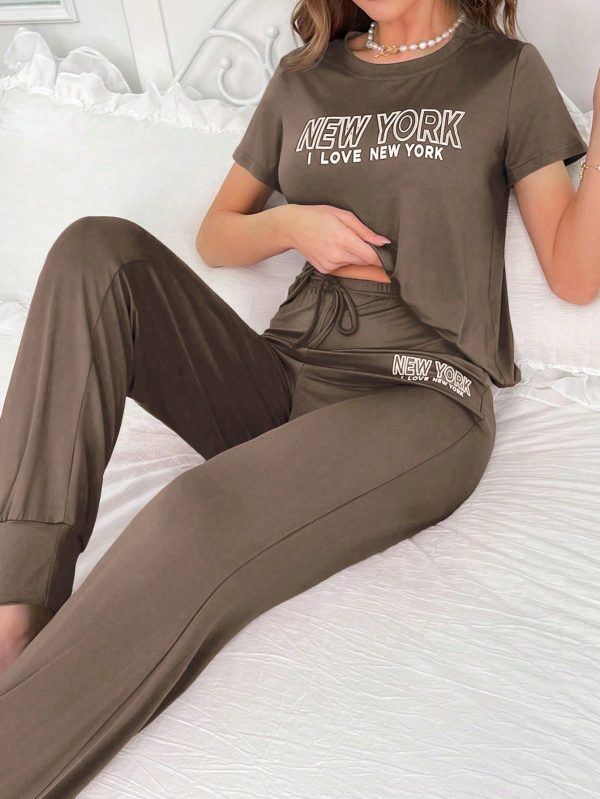 Women's Letter Print Round Neck Short Sleeve T-Shirt & Pants Casual Pajama Set