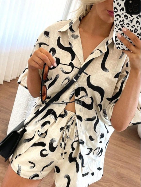 2pcs Women Casual Simple Printed Mid-Sleeve Shirt And Shorts Bamboo Nodes Set