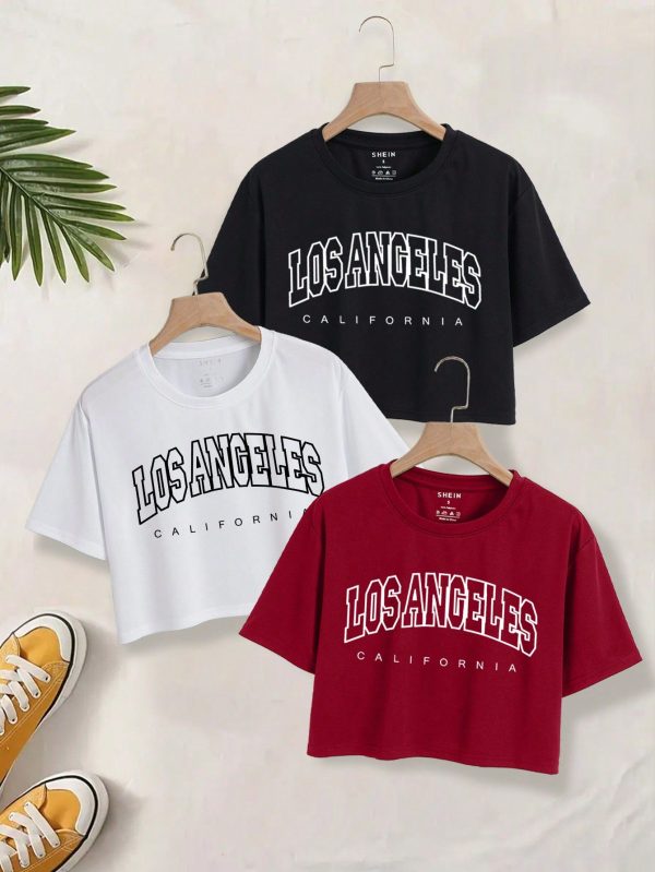 Women Summer 3-Piece Set Letter Printed Round Neck Short Sleeve Casual Short T-Shirt Graphic Tees Women Tops