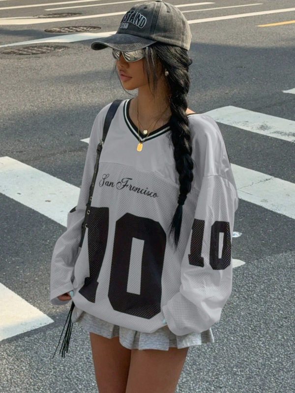 Women's Casual V-Neck Loose Graphic Letter Print Patchwork Long Sleeve T-Shirt, Grey