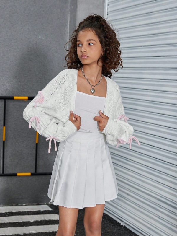 Tween Girl White Ballet Style Rib Knit Cardigan With Various Weaving Patterns And Shoulders, Decorated With Pink Bow, Short Length, And Front Button Closure. Fashionable, Sweet, Casual, And Fashionable, Suitable For Autumn And Winter, Perfect For Travel, Gathering, And Party. Fashionable Outfit.