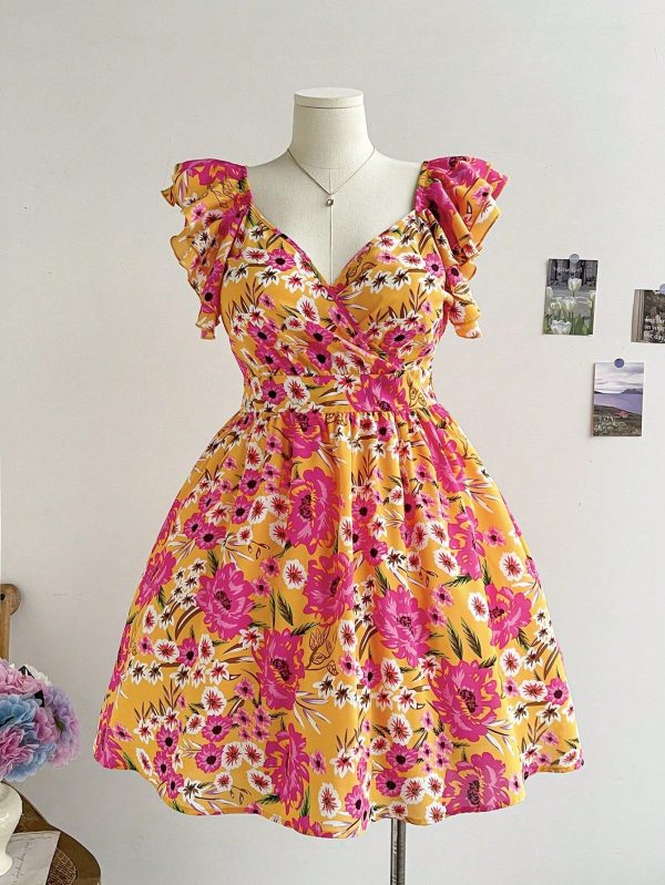 Plus Size Orange Floral Print V-Neck Wrap Front Cap Sleeve A-Line Dress With Cinched Waist