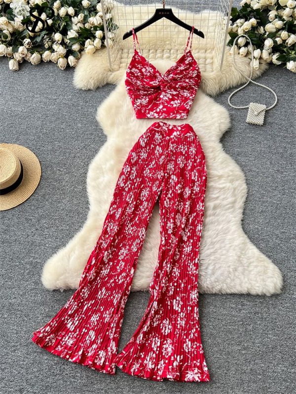 SINGREINY Streetwear Ladies Print Suits V Neck Ruched Slim Mini Top+High Waist Skinny Flared Pants