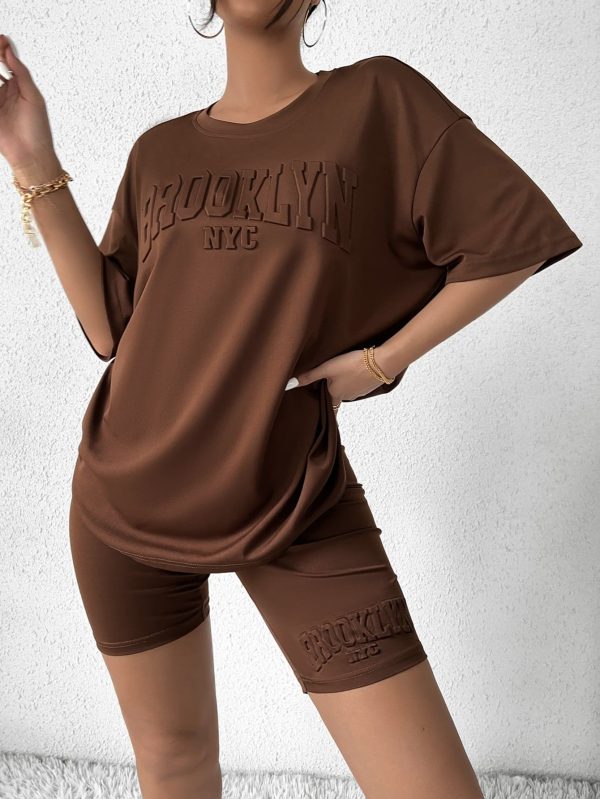 Letter Textured Drop Shoulder Tee & Biker Shorts