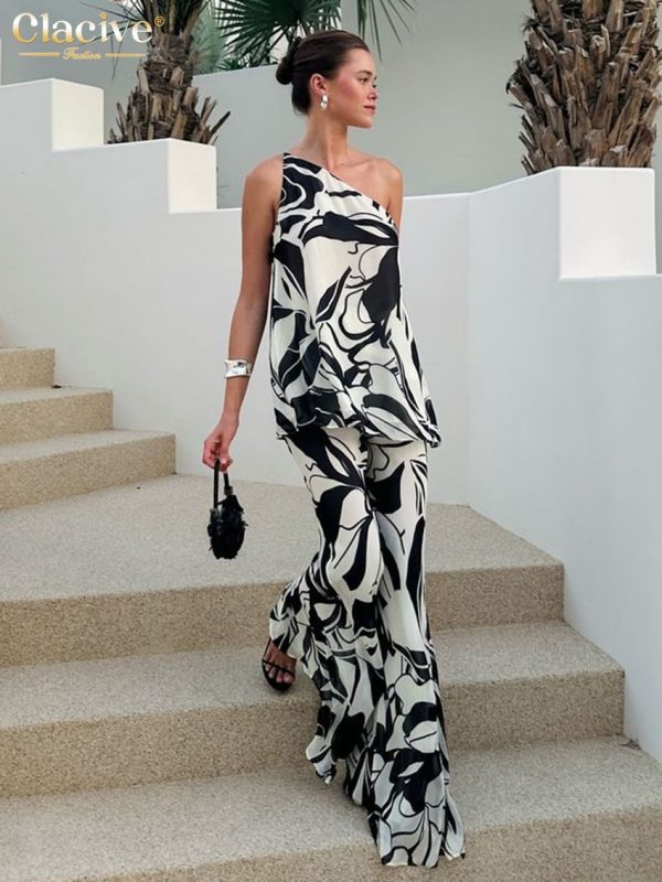 Clacive Summer Loose Print 2 Piece Sets Woman Outfit 2025 Fashion Sleeveless Tank Top With High