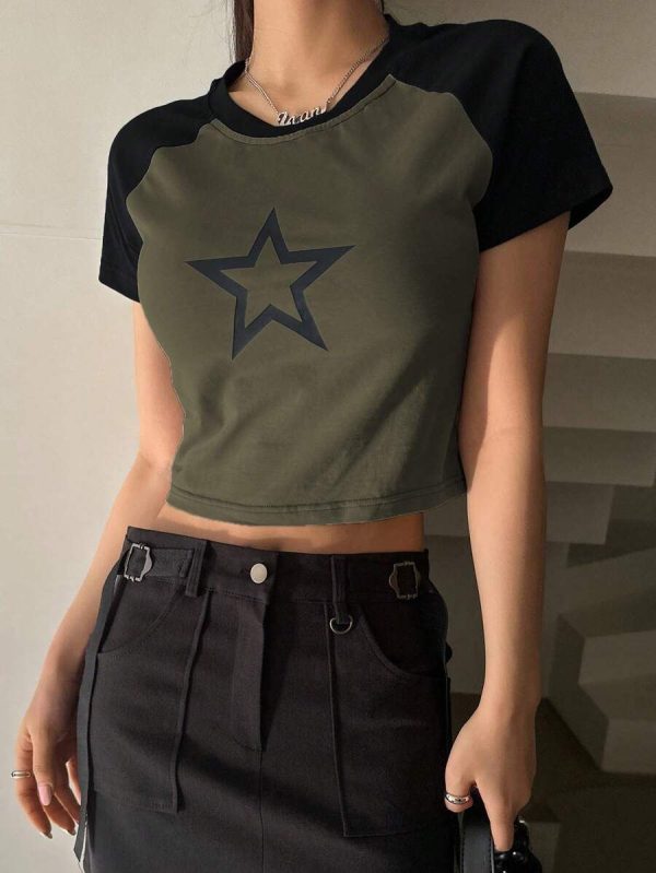 DAZY Star Print Raglan Sleeve Crop Tee Y2k