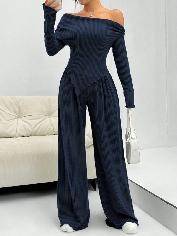 2pcs/Set Solid Color Casual Asymmetric Top And Pants Set, Autumn