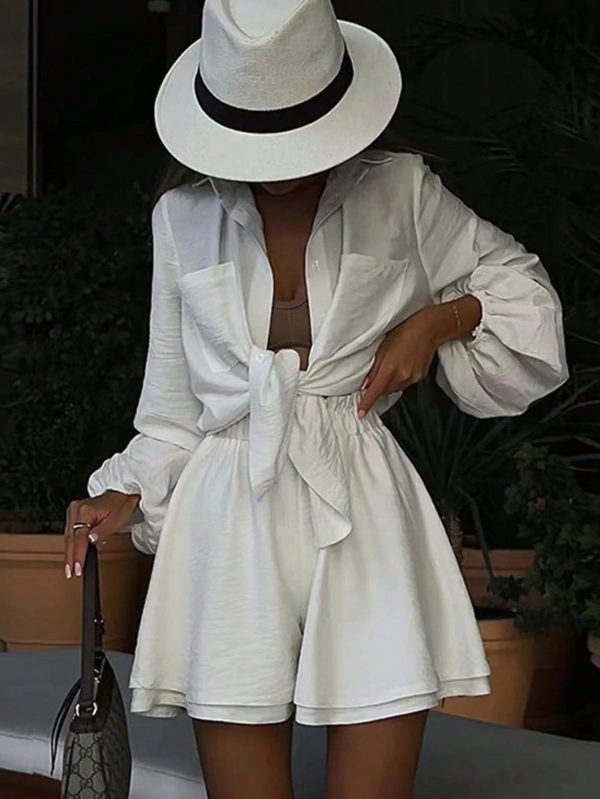 Women's Spring/Summer Casual Solid Color Lantern Sleeve Shirt And Shorts Set
