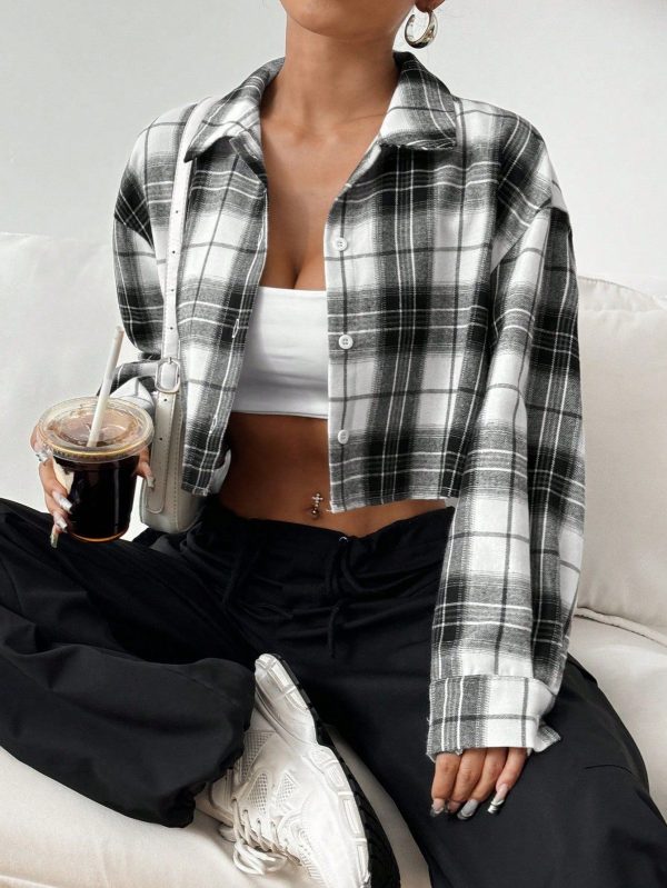 Women's Spring & Fall Dropped Shoulder Long Sleeve Box-Shaped Cropped Plaid Shirt