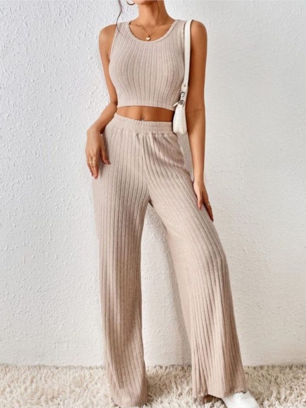 New Spring Solid Color Fashion Casual Knitted Cotton Waist Sleeveless Tank Top High Waist Pants Set