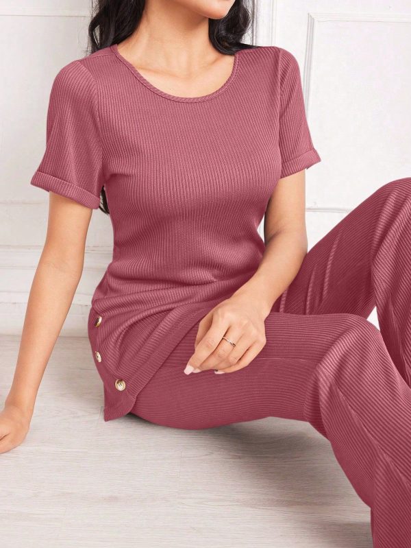Women's Solid Color Simple Daily Short Sleeve And Long Pants Two Pieces Set 2 Pieces Set