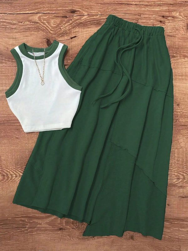 2pcs/Set Women Rib-Knit Sleeveless Color Block T-Shirt And Mini Skirt