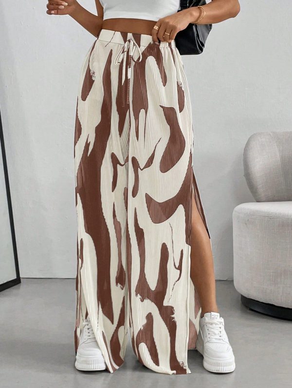 Fashionable Side High Slit Color Block Print Pleated Wide Leg Pants