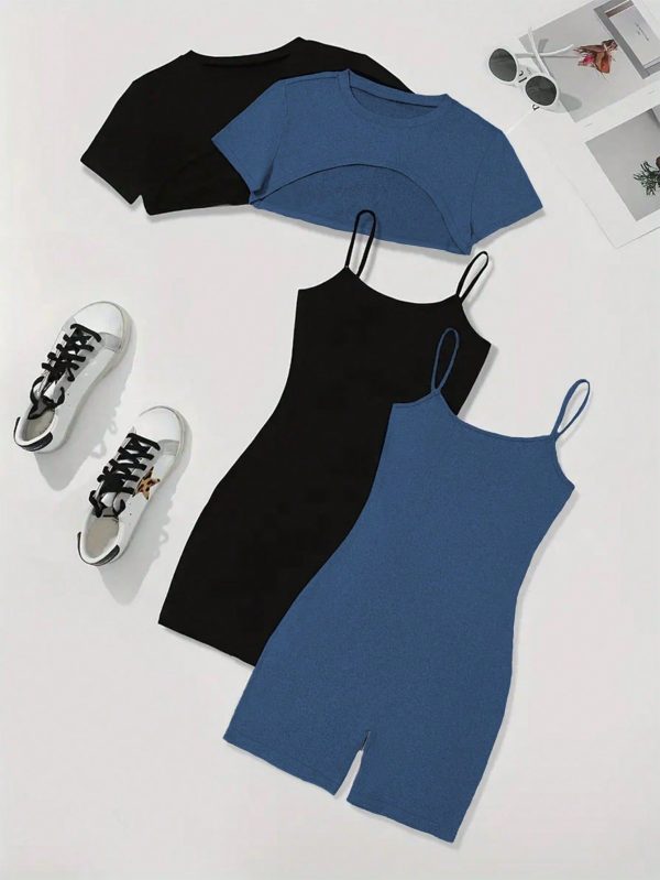 2pcs Set: Casual Shorts And Round Neck Short T-Shirt, With Simple Cargo Pants, Women Summer Outfit, 180G Knitting