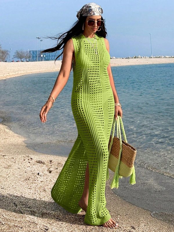 Women Crochet Knit Sleeveless Maxi Cover-Up Dress, For Summer Beach Vacation