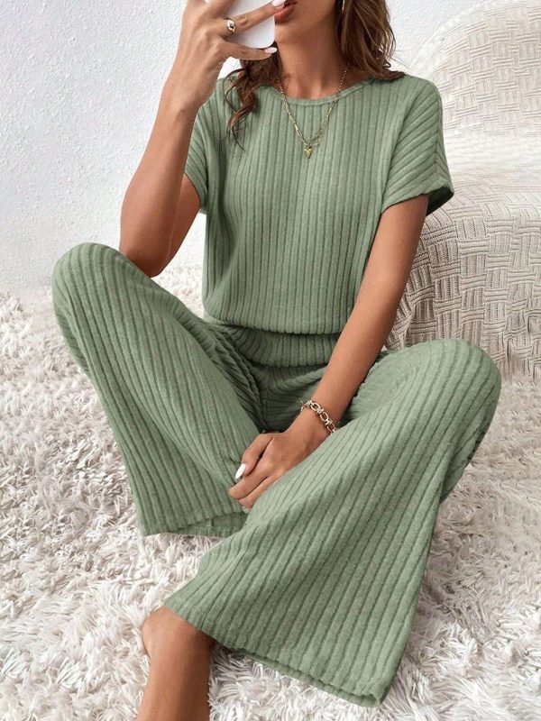 Women's Solid Color Round Neck Top And Pants Set Loose Casual Fashion