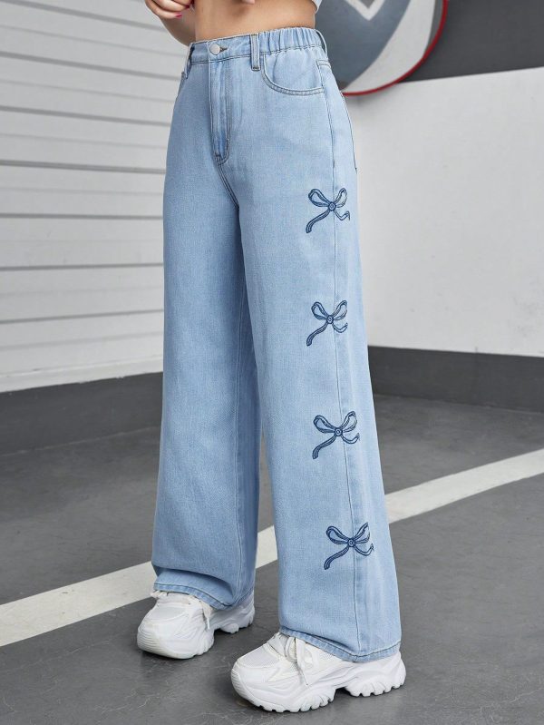 Teen Girl Casual Denim Jeans With Cute Butterfly Embroidery, Comfy Versatile Straight-Leg Wash Jeans