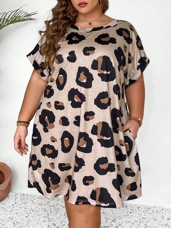 Plus Size Leopard Print Batwing Sleeve Vacation Casual Dress