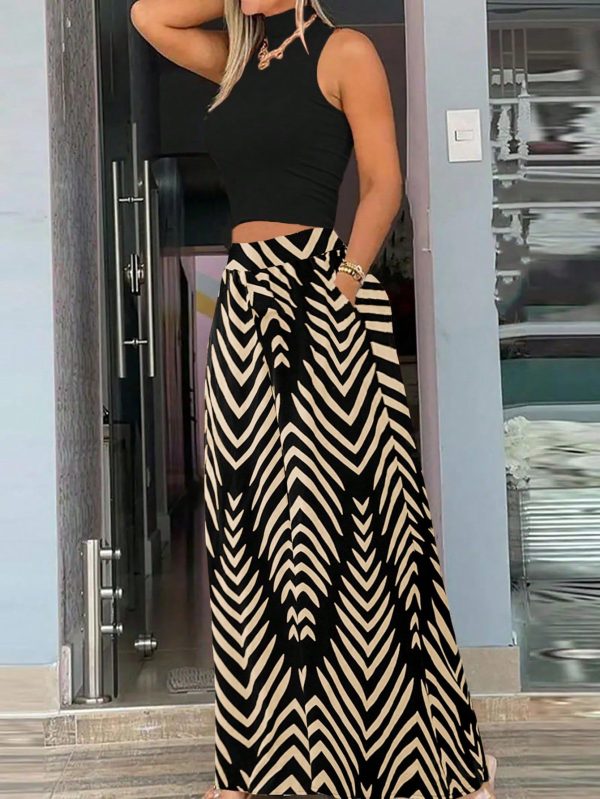 Women's Casual Vacation Style Semi-High Neck Knitted Top With Wave Pattern And Wide-Leg Woven Pants Two-Piece Set