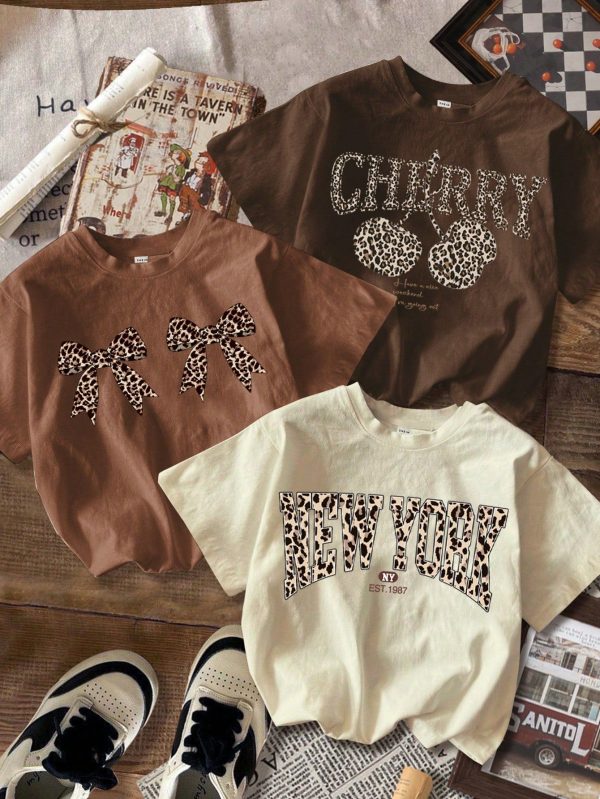 3pcs Leopard & Letter Graphic Tee