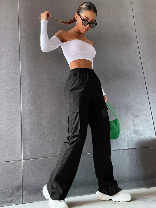 Tropiluxe Solid High Waist Flap Pocket Cargo Pants