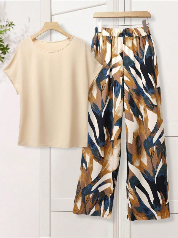 Women Solid Color Round Neck Short Sleeve Top And Flower Print Wide Leg Pants Set For Summer Two Pieces Outfits,Butter Yellow,Summer Sets