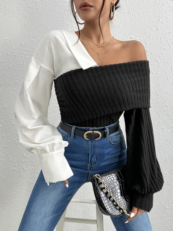 Two Tone Asymmetrical Neck Lantern Sleeve Top