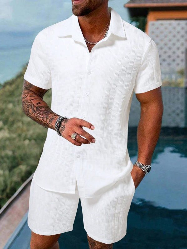 Men Solid Button Up Shirt & Shorts Set, Vacation Plain Husband Casual Clothes