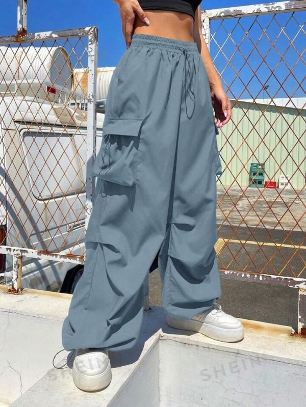 Coolane Women's Solid Color Elastic Waist Pocket Casual Pants, Daily Wear