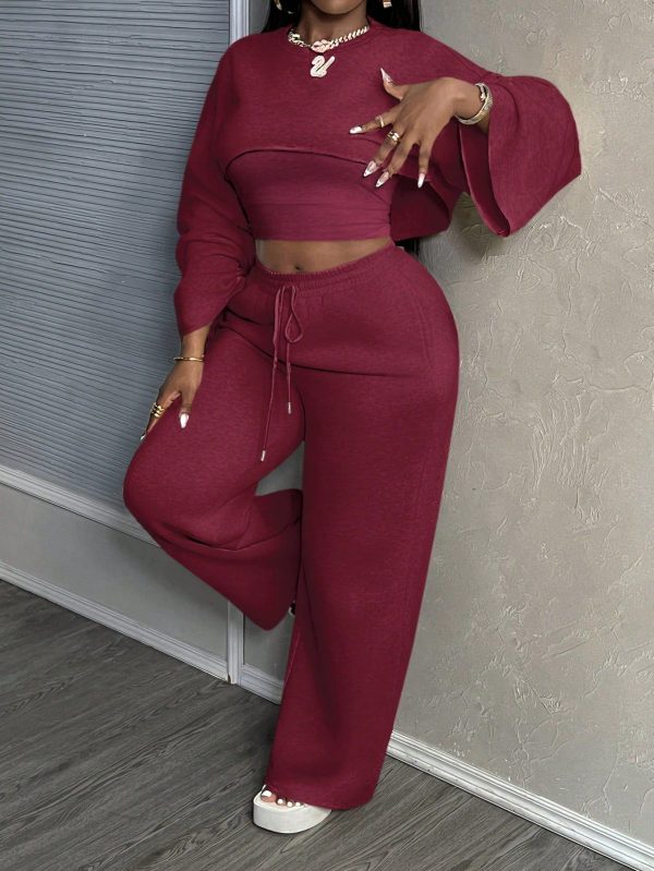 3pcs Women Casual Basic Solid Color Long Sleeve Cropped Top, Camisole & Wide Leg Pants Set, 2024 New Arrivals
