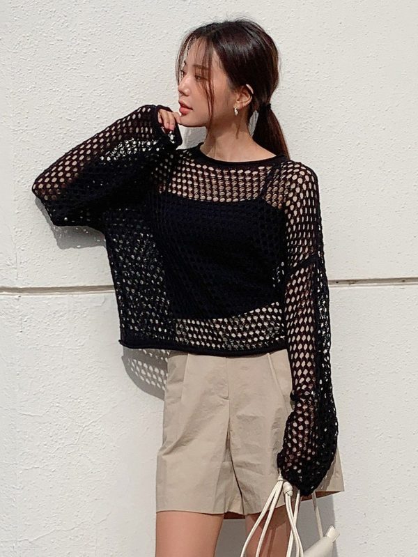 Hollow Out Drop Shoulder Sweater Without Cami Top Sheer