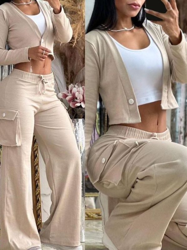 Women's Casual Two Piece Sets Spring Autumn Fashion Cardigan Long Sleeve Short Top Big Pocket Cargo